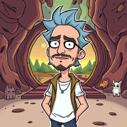 A cartoonish depiction of Mohsen Yeganeh, a popular Iranian singer-songwriter, in the animated style of 'Rick and Morty