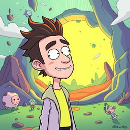 A cartoonish depiction of Mohsen Yeganeh, a popular Iranian singer-songwriter, in the animated style of 'Rick and Morty