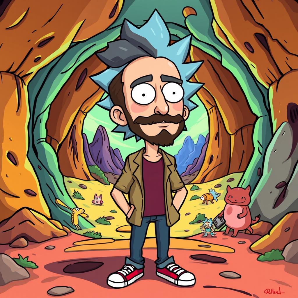 A cartoonish depiction of Mohsen Yeganeh, a popular Iranian singer-songwriter, in the animated style of 'Rick and Morty