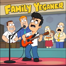 An imaginative crossover scene featuring Mohsen Yeganeh, the renowned Persian musician, depicted in the animation style of Family Guy