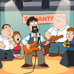 An imaginative crossover scene featuring Mohsen Yeganeh, the renowned Persian musician, depicted in the animation style of Family Guy