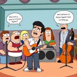 An imaginative crossover scene featuring Mohsen Yeganeh, the renowned Persian musician, depicted in the animation style of Family Guy