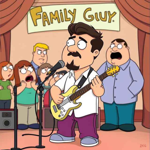 An imaginative crossover scene featuring Mohsen Yeganeh, the renowned Persian musician, depicted in the animation style of Family Guy