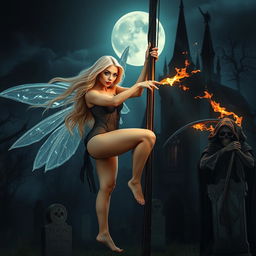A full-length photographic image of a captivating fairy with flowing blonde hair and glimmering silver wings, climbing up a flagpole in a mysterious cemetery outside a gothic castle at midnight, illuminated by the soft, enchanting glow of the full moon