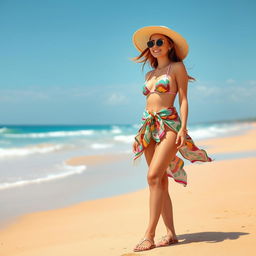 A fashionable woman standing on a sunny beach, wearing a stylish bikini with a colorful sarong, fashionable sunglasses, a wide-brimmed straw hat, and sandals