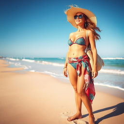 A fashionable woman standing on a sunny beach, wearing a stylish bikini with a colorful sarong, fashionable sunglasses, a wide-brimmed straw hat, and sandals