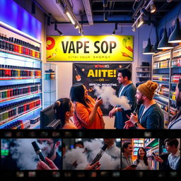 A vibrant and dynamic video reel showcasing a vape shop, featuring a variety of colorful vape devices and e-liquids displayed neatly on shelves