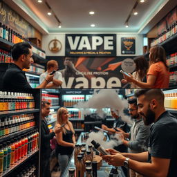 A vibrant and dynamic video reel showcasing a vape shop, featuring a variety of colorful vape devices and e-liquids displayed neatly on shelves