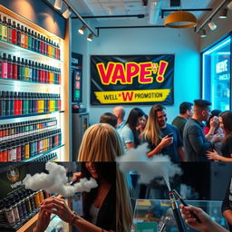 A vibrant and dynamic video reel showcasing a vape shop, featuring a variety of colorful vape devices and e-liquids displayed neatly on shelves