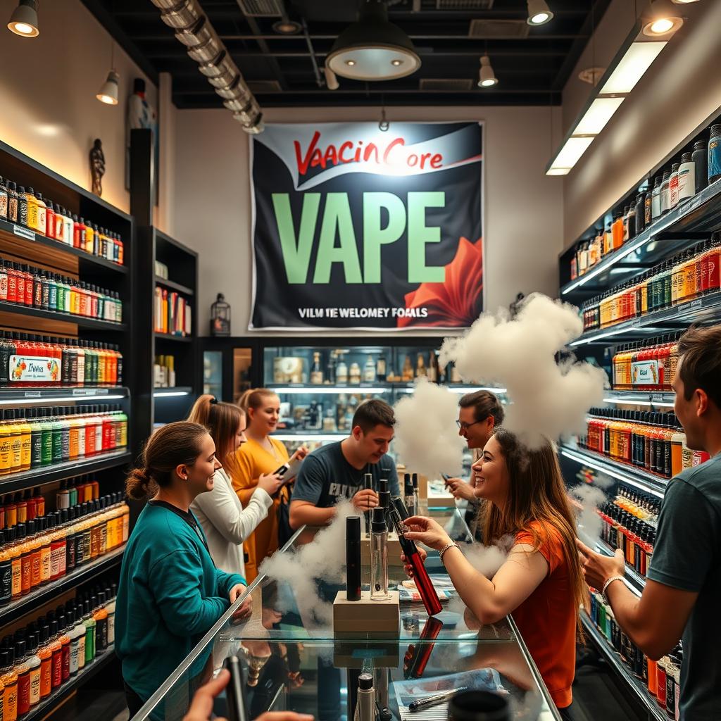 A vibrant and dynamic video reel showcasing a vape shop, featuring a variety of colorful vape devices and e-liquids displayed neatly on shelves