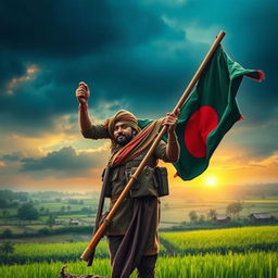A powerful and evocative image portraying a historical scene from 1971, focused on the concept of resistance and struggle during the Bangladesh Liberation War
