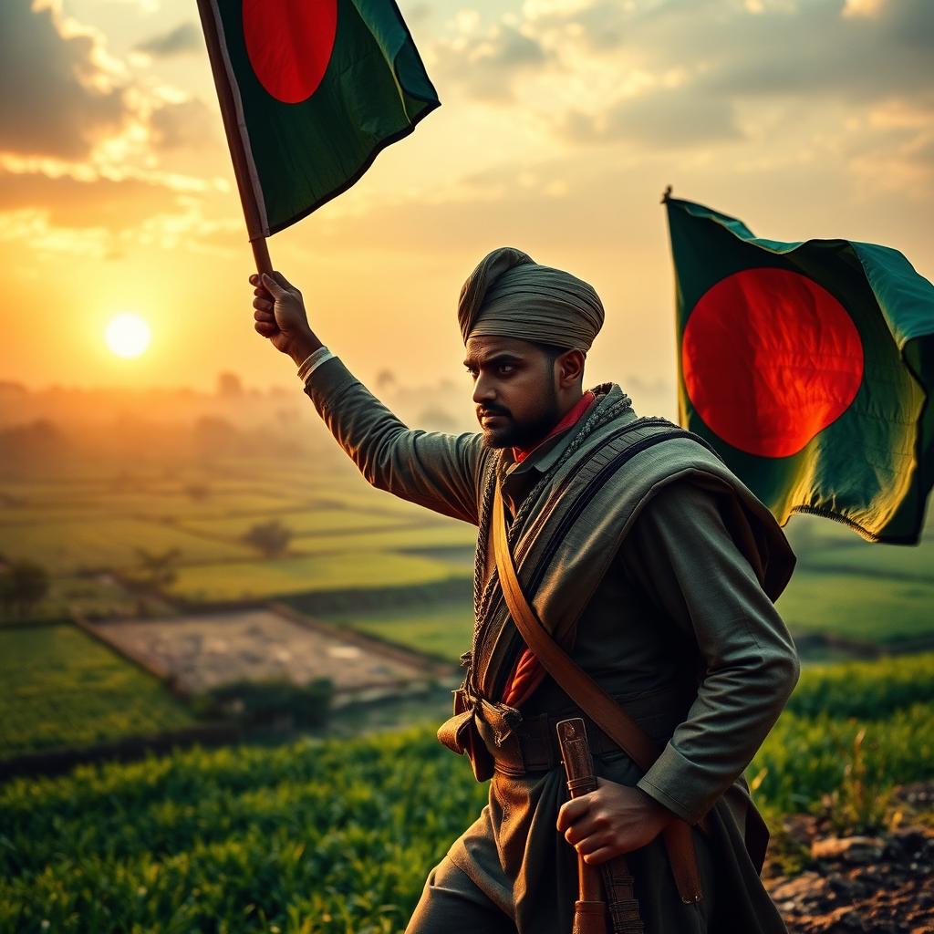 A powerful and evocative image portraying a historical scene from 1971, focused on the concept of resistance and struggle during the Bangladesh Liberation War
