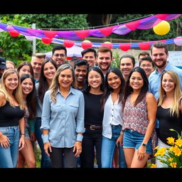 A vibrant group photo featuring a diverse group of adults, showcasing a mix of genders and ethnicities