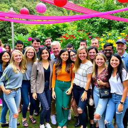 A vibrant group photo featuring a diverse group of adults, showcasing a mix of genders and ethnicities