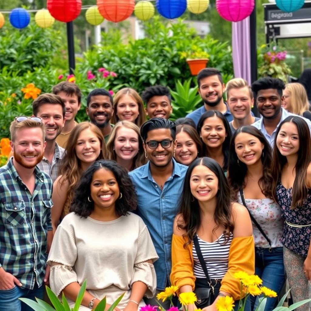 A vibrant group photo featuring a diverse group of adults, showcasing a mix of genders and ethnicities