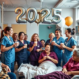 A joyful nursing ward scene filled with happy nurses celebrating New Year's Eve with a festive atmosphere