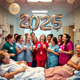 A joyful nursing ward scene filled with happy nurses celebrating New Year's Eve with a festive atmosphere