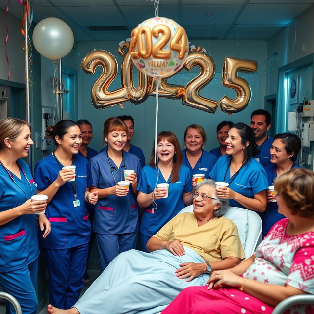 A joyful nursing ward scene filled with happy nurses celebrating New Year's Eve with a festive atmosphere