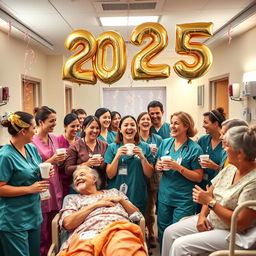 A joyful nursing ward scene filled with happy nurses celebrating New Year's Eve with a festive atmosphere