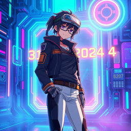 An officially retired spy sailor character in a vibrant anime setting, surrounded by futuristic cyberspace elements