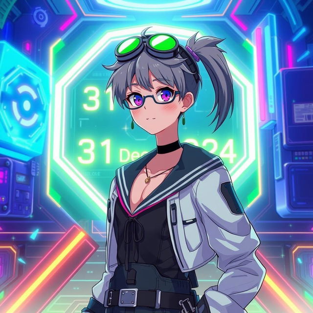 An officially retired spy sailor character in a vibrant anime setting, surrounded by futuristic cyberspace elements