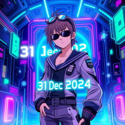 An officially retired spy sailor character in a vibrant anime setting, surrounded by futuristic cyberspace elements