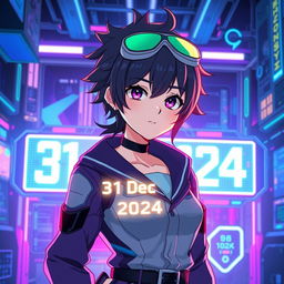 An officially retired spy sailor character in a vibrant anime setting, surrounded by futuristic cyberspace elements