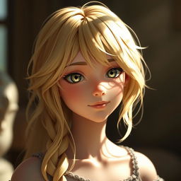 A character with soft, natural blonde hair, not too yellow, capturing intricate shadow details that enhance the depth and realism of the hairstyle