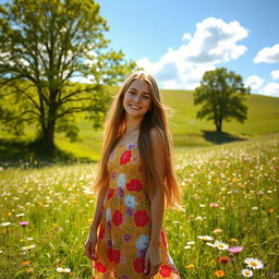 A beautiful young woman with long flowing hair, wearing a vibrant floral dress, standing gracefully in a sunny meadow filled with wildflowers