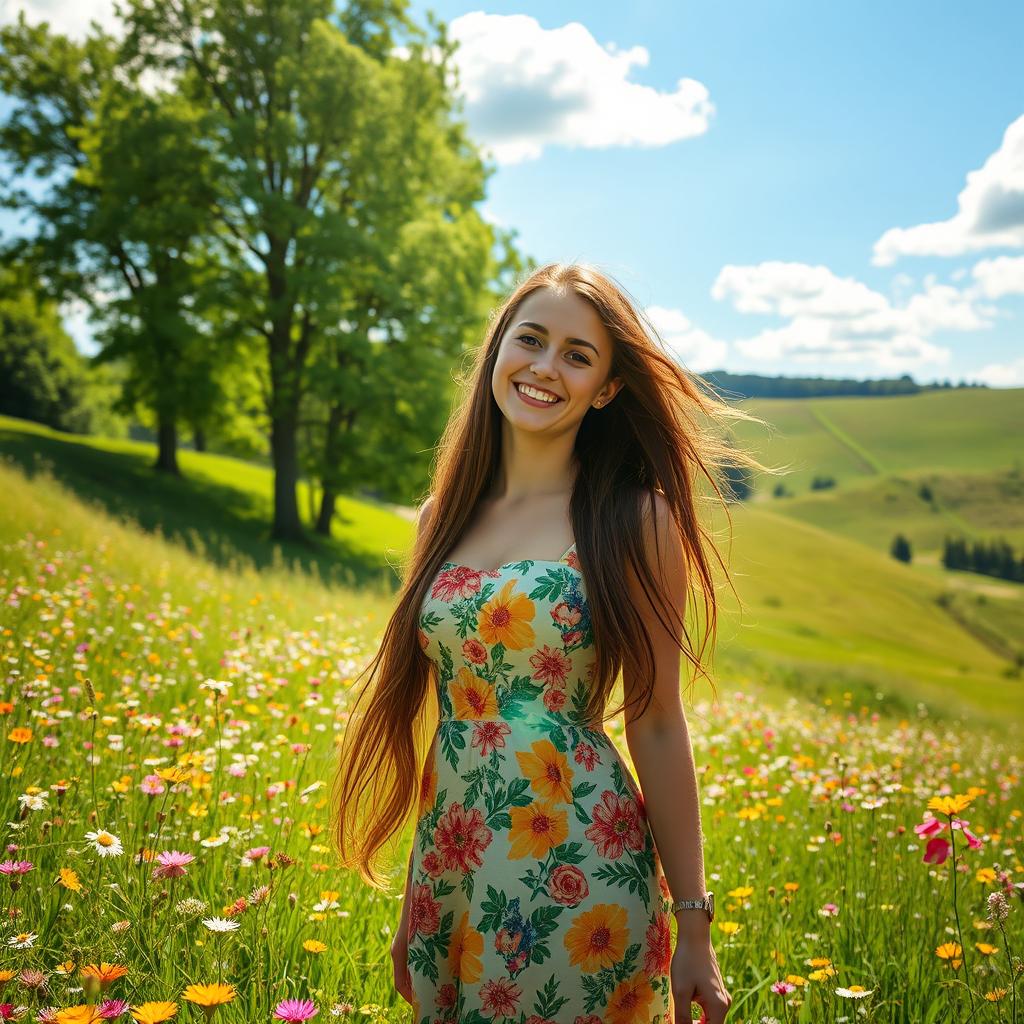 A beautiful young woman with long flowing hair, wearing a vibrant floral dress, standing gracefully in a sunny meadow filled with wildflowers