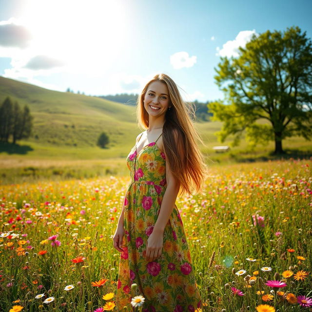 A beautiful young woman with long flowing hair, wearing a vibrant floral dress, standing gracefully in a sunny meadow filled with wildflowers