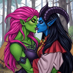 An illustration of a Yuan-ti pureblood woman with green scaly skin, long full bright pink hair, and striking purple lipstick, passionately kissing a beautiful blue tiefling woman
