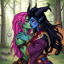 An illustration of a Yuan-ti pureblood woman with green scaly skin, long full bright pink hair, and striking purple lipstick, passionately kissing a beautiful blue tiefling woman