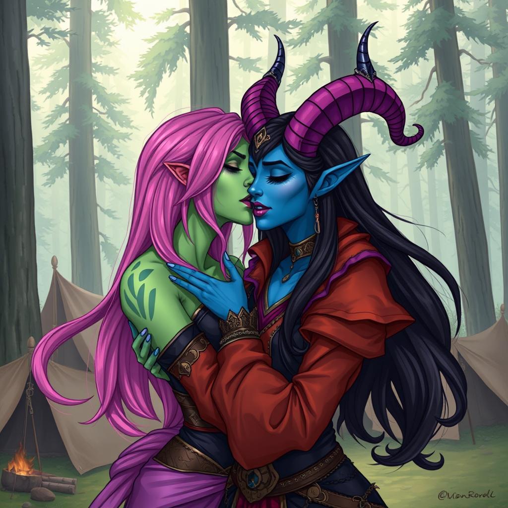 An illustration of a Yuan-ti pureblood woman with green scaly skin, long full bright pink hair, and striking purple lipstick, passionately kissing a beautiful blue tiefling woman
