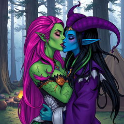 An illustration of a Yuan-ti pureblood woman with green scaly skin, long full bright pink hair, and striking purple lipstick, passionately kissing a beautiful blue tiefling woman