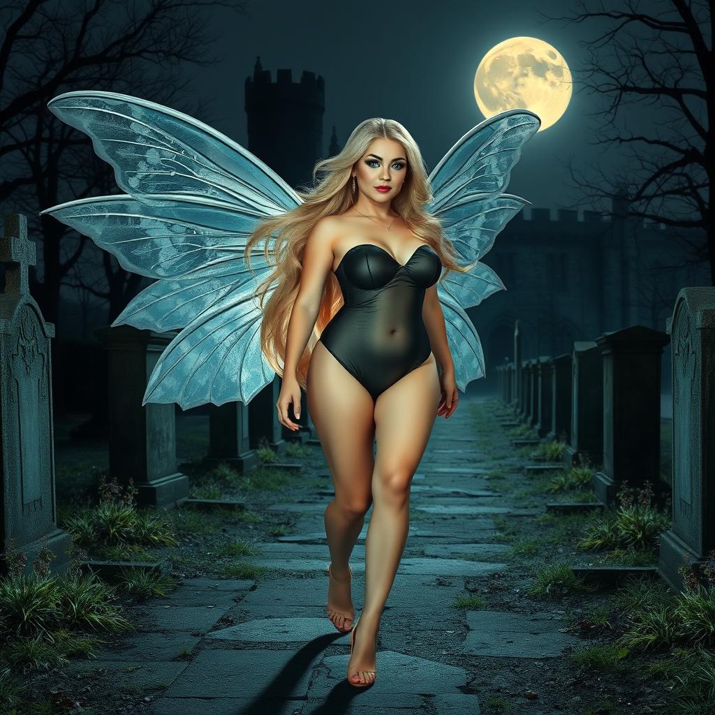 A full-length photographic image of a captivating fairy with flowing blonde hair and elegant silver wings, strolling gracefully through a mysterious cemetery outside a gothic castle at midnight, illuminated by the soft glow of the full moon