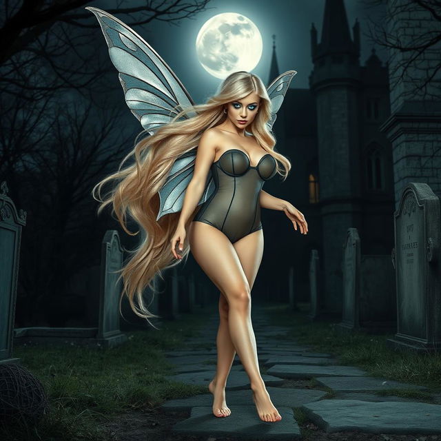 A full-length photographic image of a captivating fairy with flowing blonde hair and elegant silver wings, strolling gracefully through a mysterious cemetery outside a gothic castle at midnight, illuminated by the soft glow of the full moon