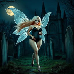 A full-length photographic image of a captivating fairy with flowing blonde hair and elegant silver wings, strolling gracefully through a mysterious cemetery outside a gothic castle at midnight, illuminated by the soft glow of the full moon