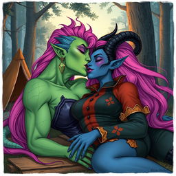 An illustration depicting a Yuan-ti pureblood woman with vibrant green scaly skin and long, voluminous bright pink hair, adorned with striking purple lipstick, passionately kissing a beautiful blue tiefling woman who has flowing black hair and prominent horns