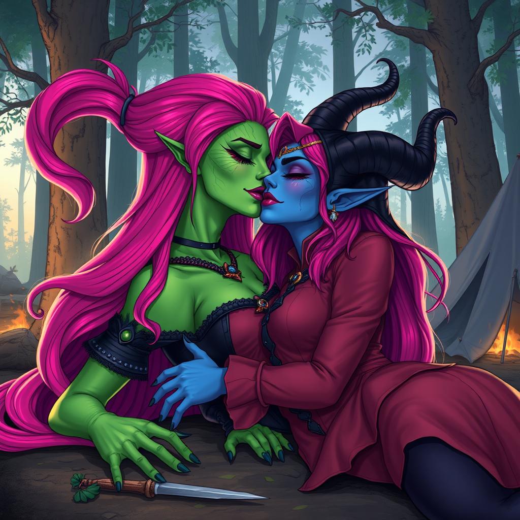 An illustration depicting a Yuan-ti pureblood woman with vibrant green scaly skin and long, voluminous bright pink hair, adorned with striking purple lipstick, passionately kissing a beautiful blue tiefling woman who has flowing black hair and prominent horns