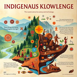 A vibrant and informative poster showcasing the connection between indigenous knowledge and modern science and technology