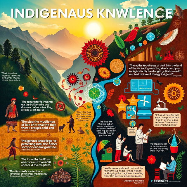 A vibrant and informative poster showcasing the connection between indigenous knowledge and modern science and technology