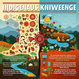 A vibrant and informative poster showcasing the connection between indigenous knowledge and modern science and technology