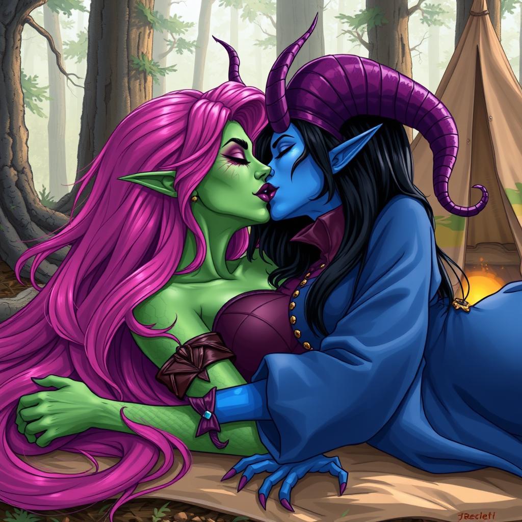 An illustration depicting a Yuan-ti pureblood woman with green scaly skin, long, voluminous bright pink hair cascading around her shoulders, adorned with bold purple lipstick