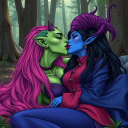 An illustration depicting a Yuan-ti pureblood woman with green scaly skin, long, voluminous bright pink hair cascading around her shoulders, adorned with bold purple lipstick