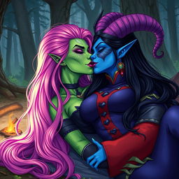 An illustration depicting a Yuan-ti pureblood woman with green scaly skin, long, voluminous bright pink hair cascading around her shoulders, adorned with bold purple lipstick