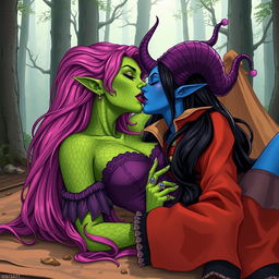 An illustration depicting a Yuan-ti pureblood woman with green scaly skin, long, voluminous bright pink hair cascading around her shoulders, adorned with bold purple lipstick