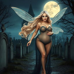 A full-length photographic image of a mesmerizing fairy with flowing blonde hair and delicate silver wings, strolling through an enchanting cemetery outside a gothic castle at midnight, bathed in the soft glow of the full moon