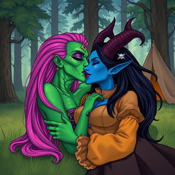 An illustration of a Yuan-ti pureblood woman with vibrant green scaly skin and long, full bright pink hair, wearing bold purple lipstick