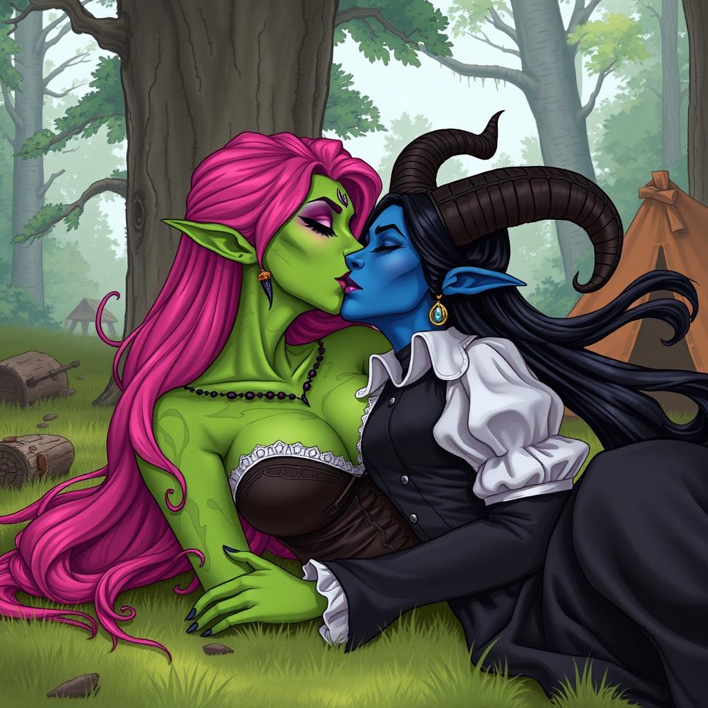 An illustration of a Yuan-ti pureblood woman with vibrant green scaly skin and long, full bright pink hair, wearing bold purple lipstick